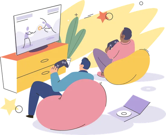 Two friends playing video game at home  Illustration