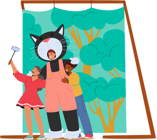 Two Friends Take Selfie With Person Dressed In Giant Cat Costume At Fair  Illustration