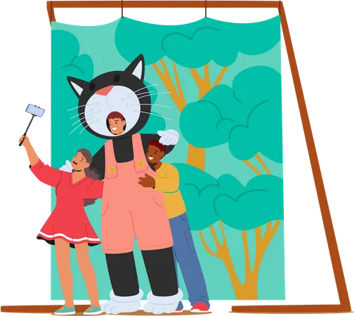 Two Friends Take Selfie With Person Dressed In Giant Cat Costume At Fair  Illustration