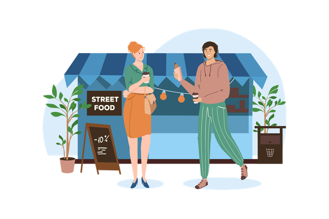 Two friends took something to eat at a street food shop  Illustration