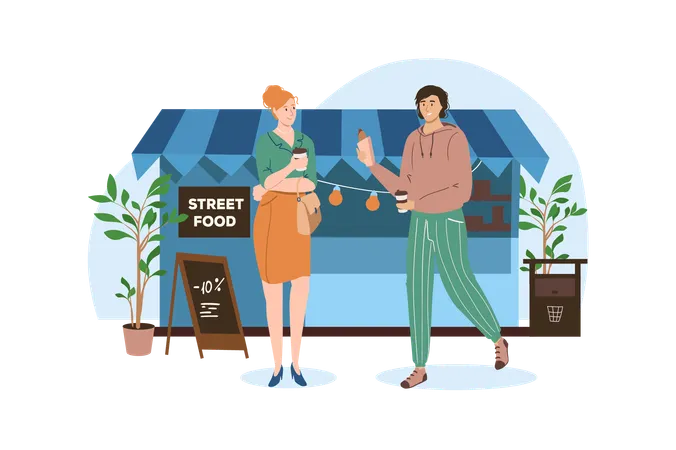 Shop Blue Concept With People Scene In The Flat Cartoon Design Two Friends Took Something To Eat At A Street Food Shop Vector Illustration Illustration