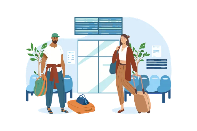 Blue Concept Travel With People Scene In The Flat Cartoon Style Two Friends Wait For Their Flight In The Airport To Travel Vector Illustration Illustration