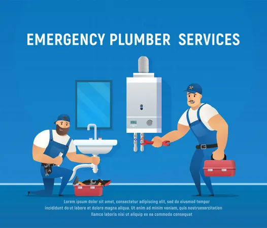 Two Funny Plumbers Repair Pipe and Boiler Maintenance Illustration