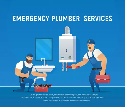 Two Funny Plumbers Repair Pipe and Boiler Maintenance  Illustration