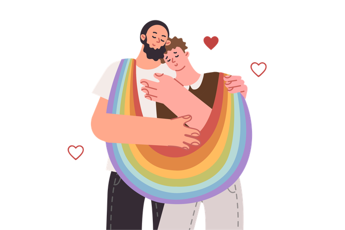 Two gay men in love with LGBT flag hugging while inviting them to parade in honor of pride month  Illustration