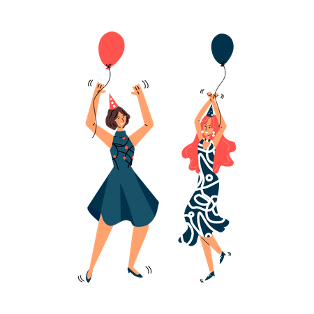 Two girl friends dancing with balloon Illustration