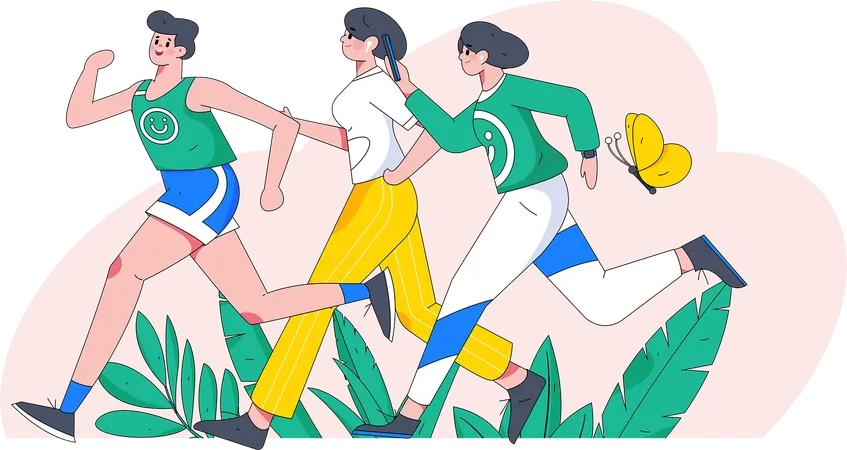 Two girl running with boy in park  Illustration