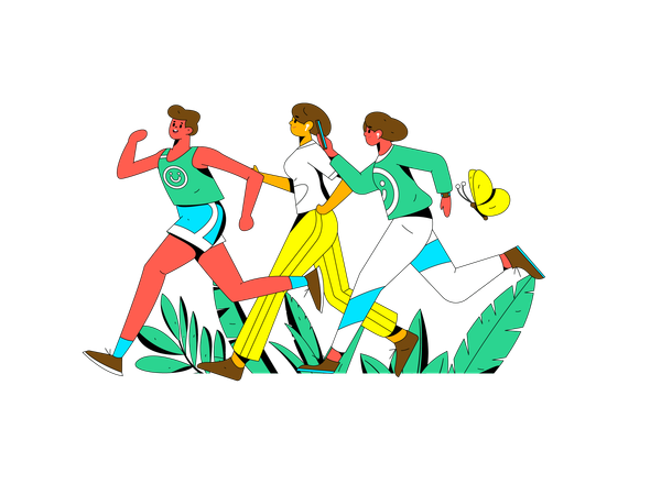 Two girl running with boy in park  Illustration