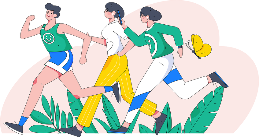 Two girl running with boy in park  Illustration