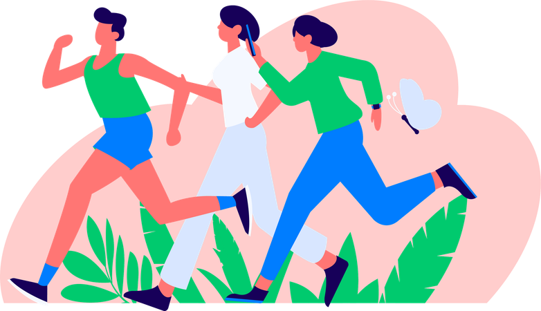 Two girl running with boy in park  Illustration