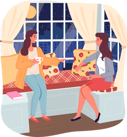 Two girlfriends sitting near window at night and talking with cup of tea or coffee  Illustration