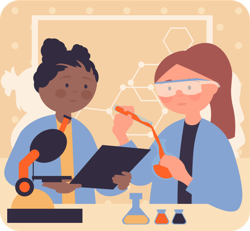 Two girls doing chemical experiment  Illustration