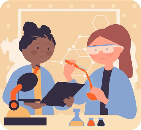 Two girls doing chemical experiment  Illustration