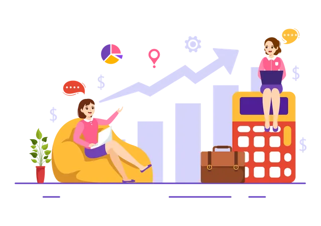 Two girls doing Gross Domestic Product growth calculation  Illustration