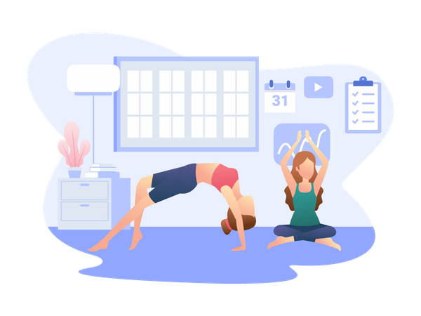 Two girls doing morning yoga exercise  Illustration