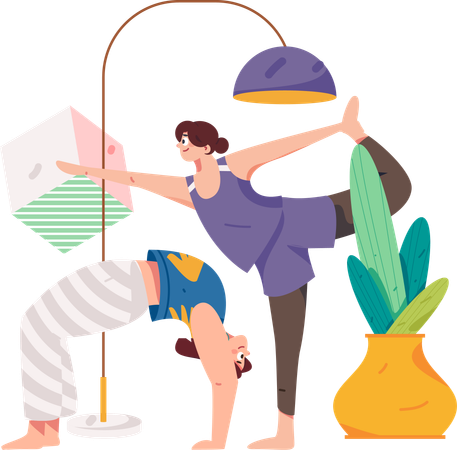 Two Girls Doing Morning Yoga  Illustration