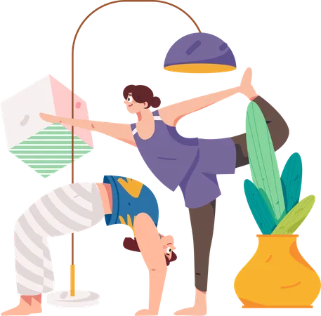 Two Girls Doing Morning Yoga  Illustration