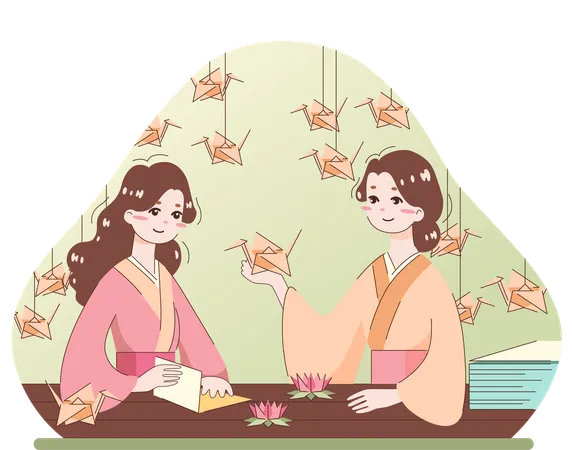 Two girls doing paper craft work  Illustration
