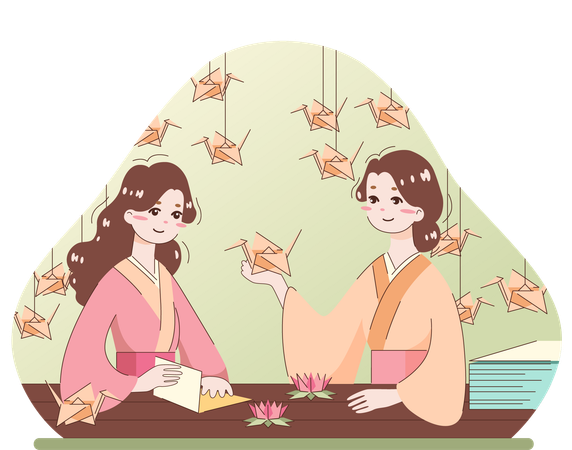 Two girls doing paper craft work  Illustration