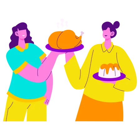 Two girls enjoying Dinner Party  Illustration