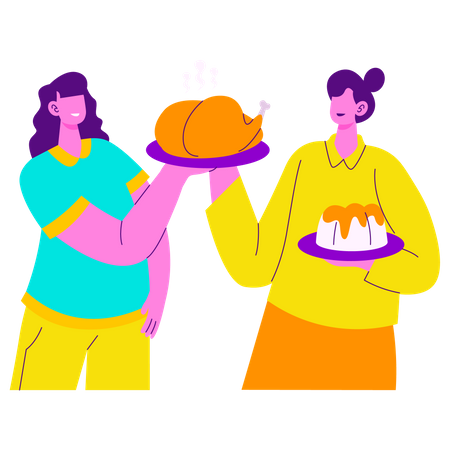 Two girls enjoying Dinner Party  Illustration