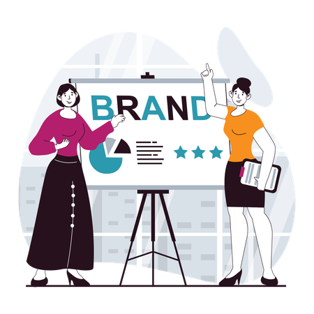 Two girls giving brand presentation  Illustration