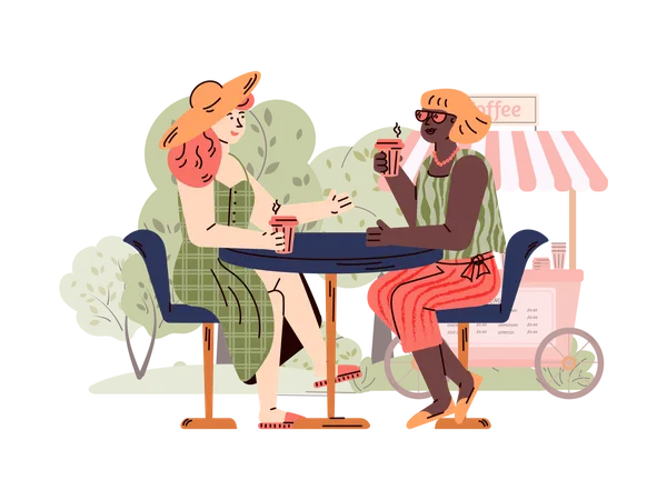 Two girls having drink and talking  Illustration