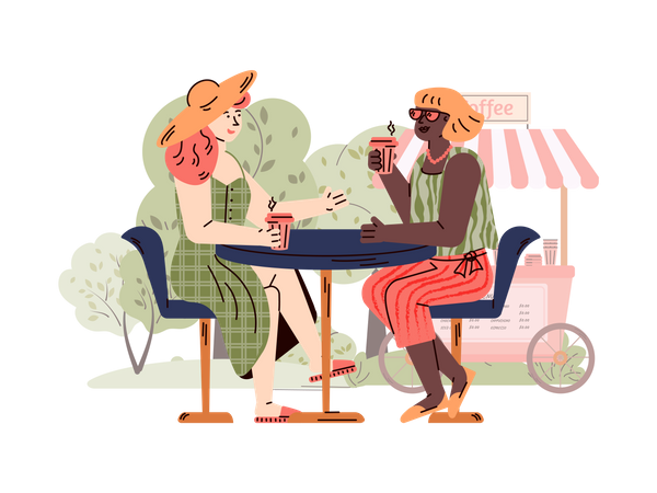 Two girls having drink and talking  Illustration