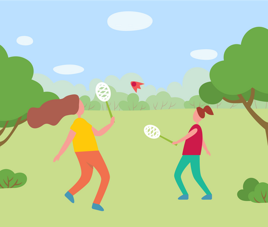 Two Girls Having Fun Playing Badminton Together  Illustration