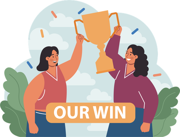 Two girls holding winner trophy  Illustration