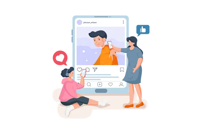 Two girls interacting with the boy post  Illustration