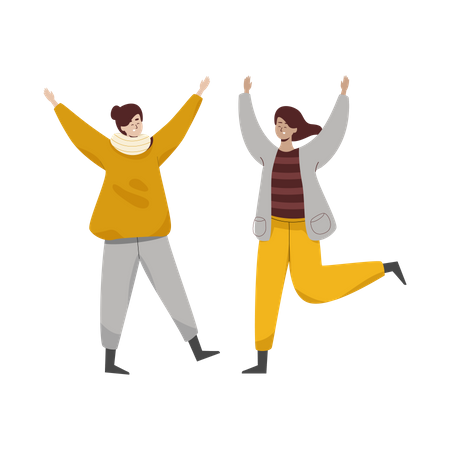 Two girls jumping out of joy in autumn season Illustration
