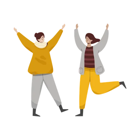 Two girls jumping out of joy in autumn season  Illustration
