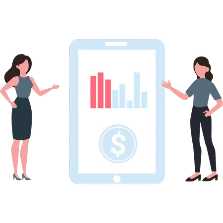 Two girls looking at dollar graph  Illustration