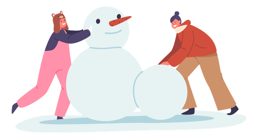 Two Girls Making Snowman  Illustration