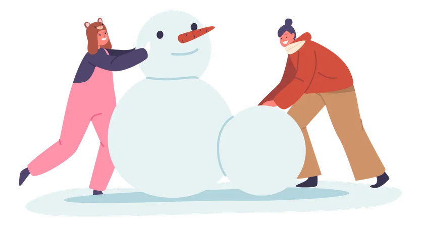 Two Girls Making Snowman  Illustration