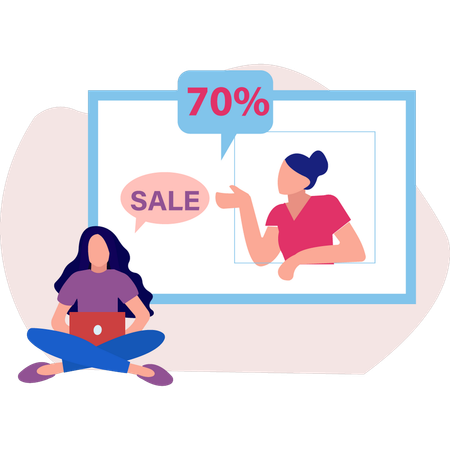 Two girls online talking each other 70 percentage sale offer  Illustration