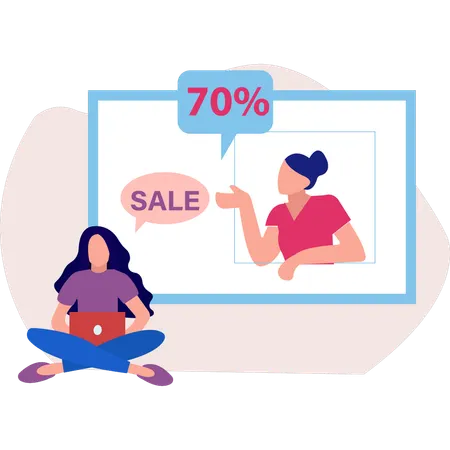 Two girls online talking each other 70 percentage sale offer  Illustration