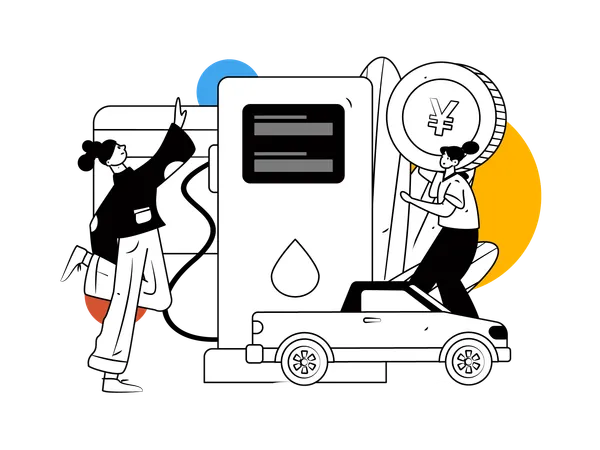 Two girls refuelling car  Illustration
