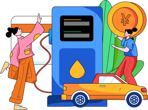 Two girls refuelling car  Illustration