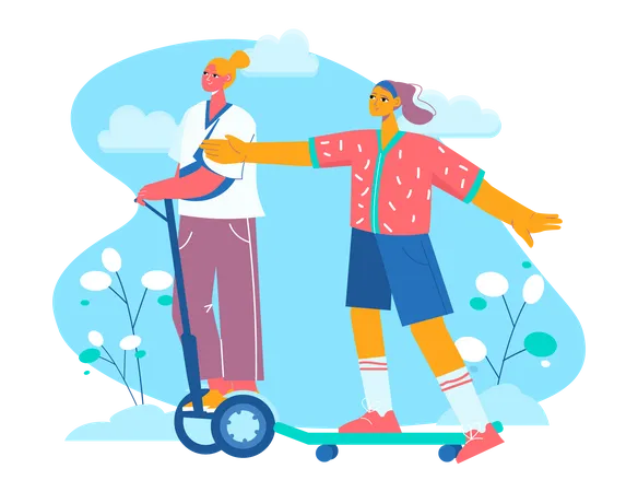 Two girls riding electric scooter  Illustration