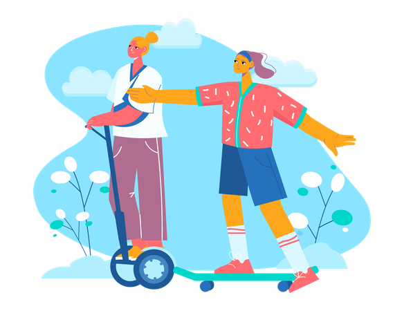Two girls riding electric scooter  Illustration