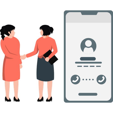 Two girls shaking hands and talking about call  Illustration