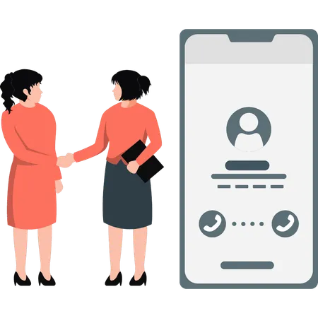 Two girls shaking hands and talking about call  Illustration