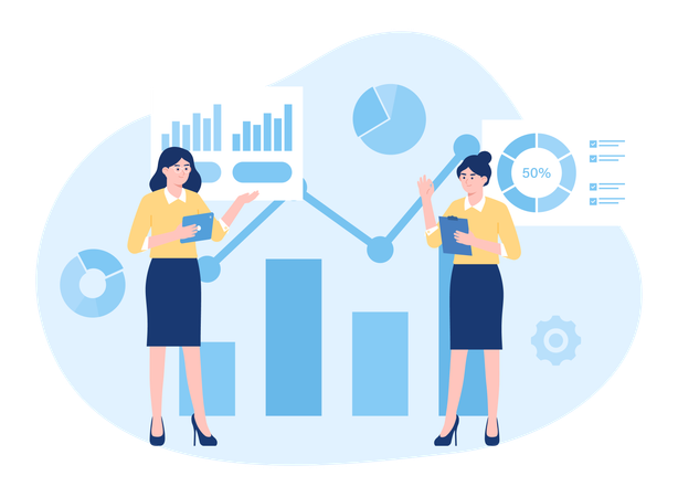 Two girls showing business analysis data  Illustration