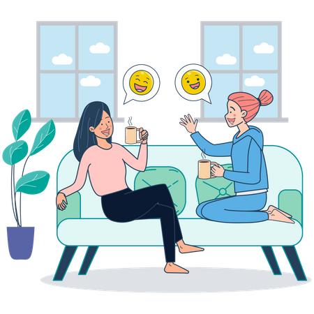 Two girls sitting on couch drinking coffee and gossiping inside home Illustration