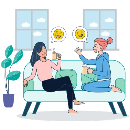 Two girls sitting on couch drinking coffee and gossiping inside home  イラスト