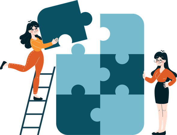 Two girls solving jigsaw puzzle  Illustration