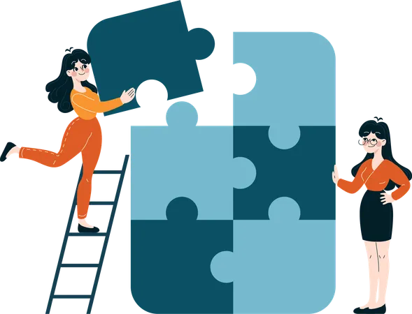 Two girls solving jigsaw puzzle  Illustration