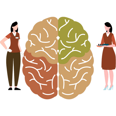 Two girls standing with brain pills  Illustration